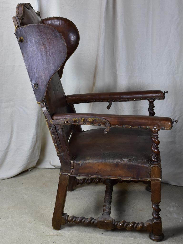 17th Century Louis XIII adjustable leather wingback armchair