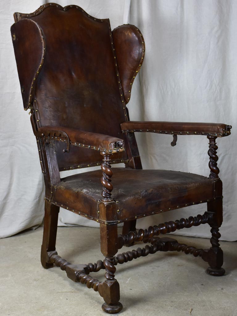 17th Century Louis XIII adjustable leather wingback armchair