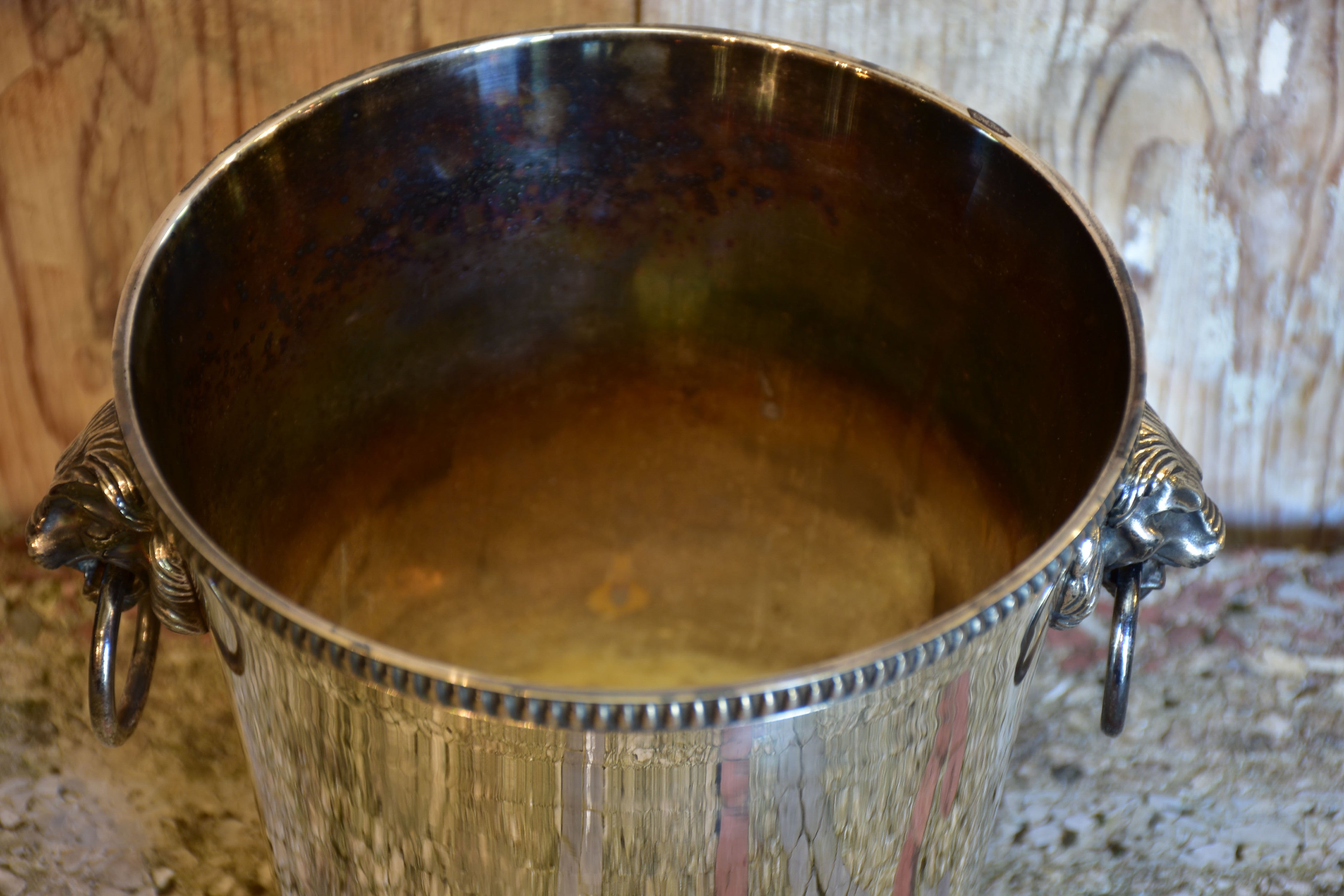 Antique French champagne bucket with lion’s head handles