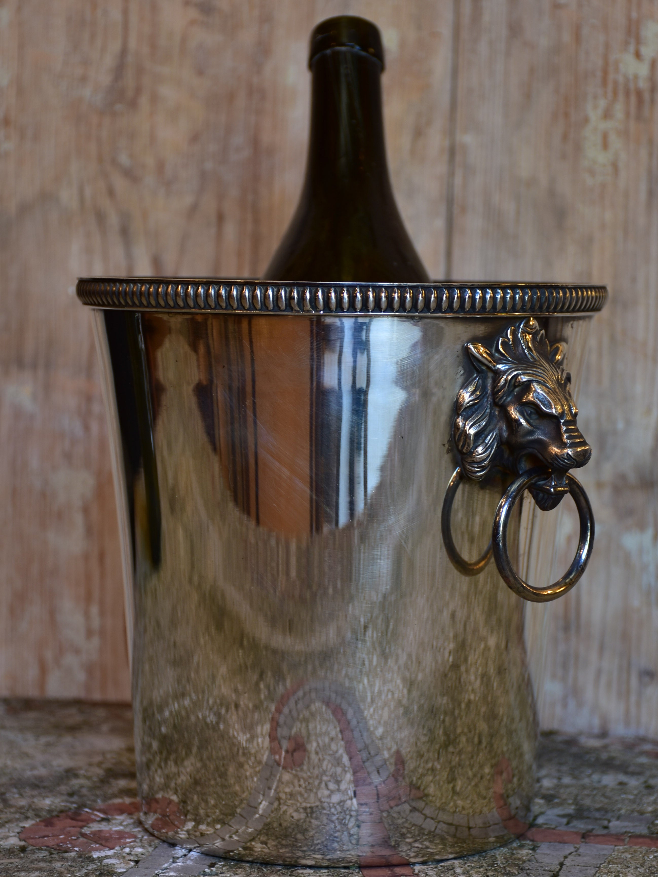 Antique French champagne bucket with lion’s head handles