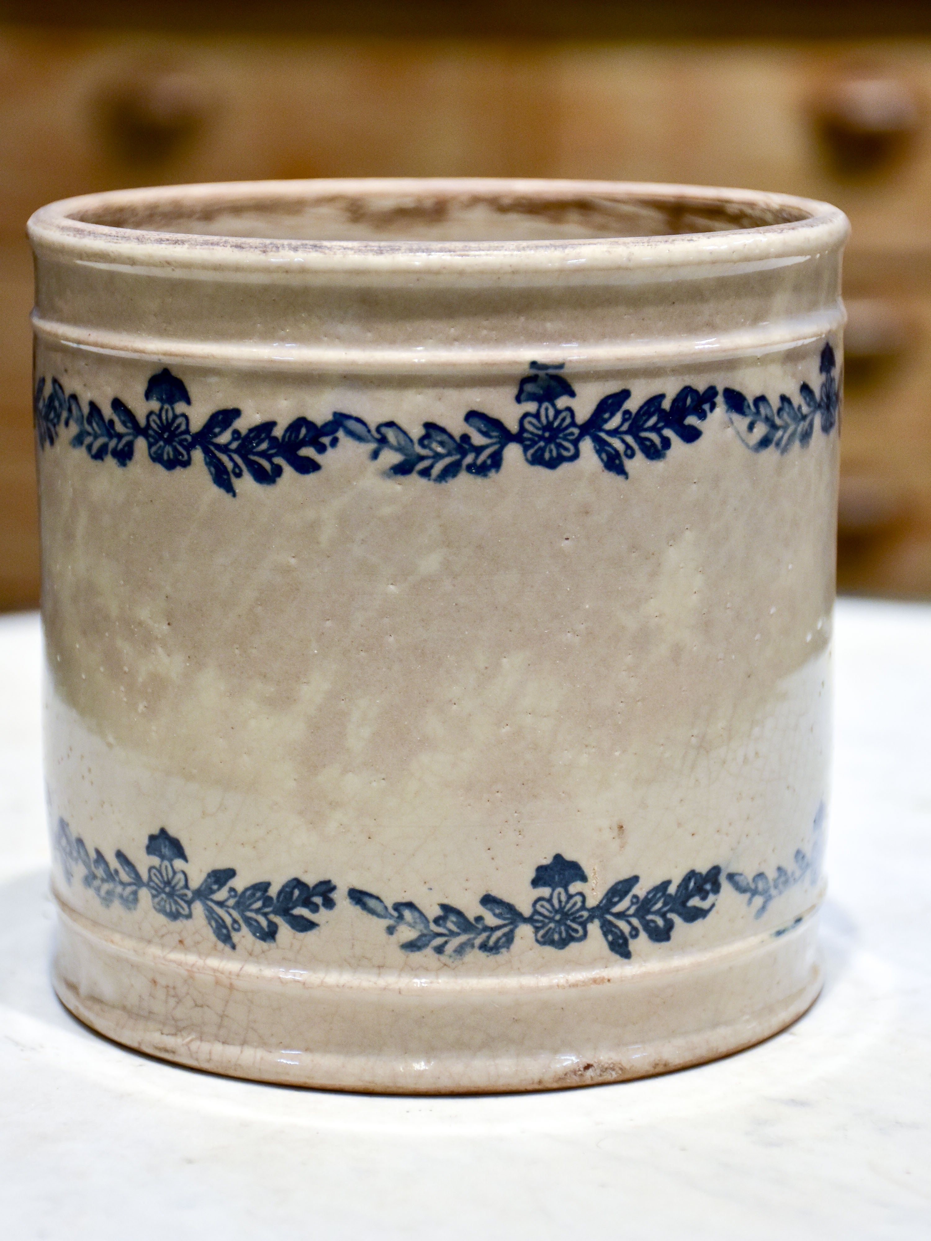 Antique French flour pot with blue flowers