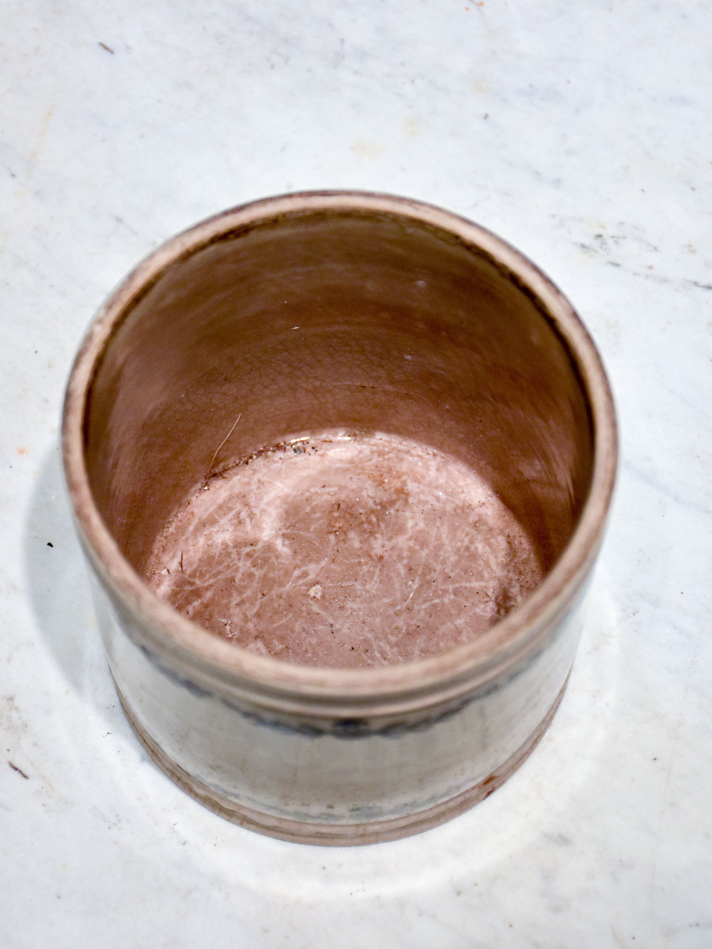 Antique French flour pot with blue flowers