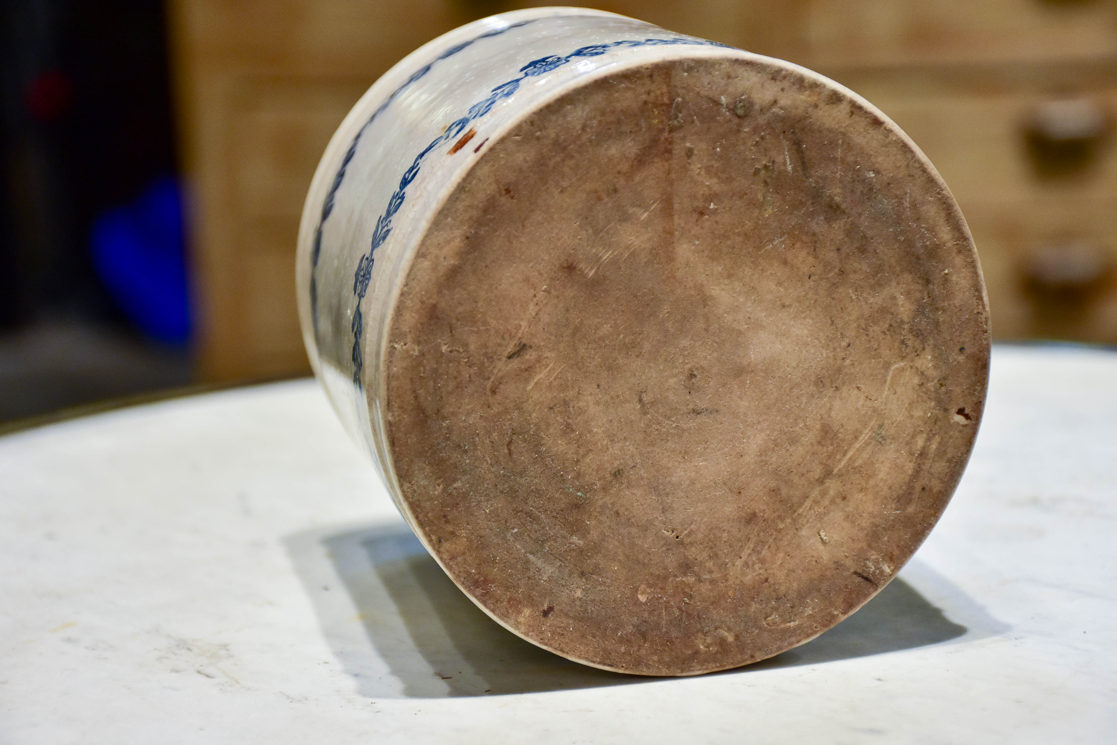 Antique French flour pot with blue flowers