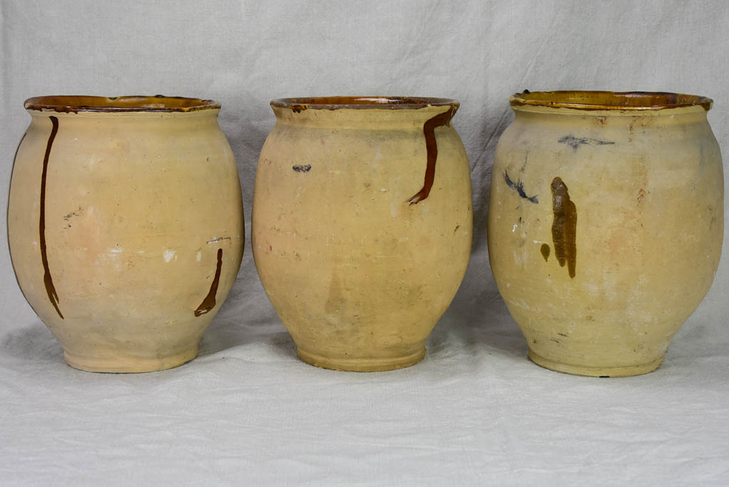 Three antique French confit pots with speckled glaze from Castelnaudary 11¾"