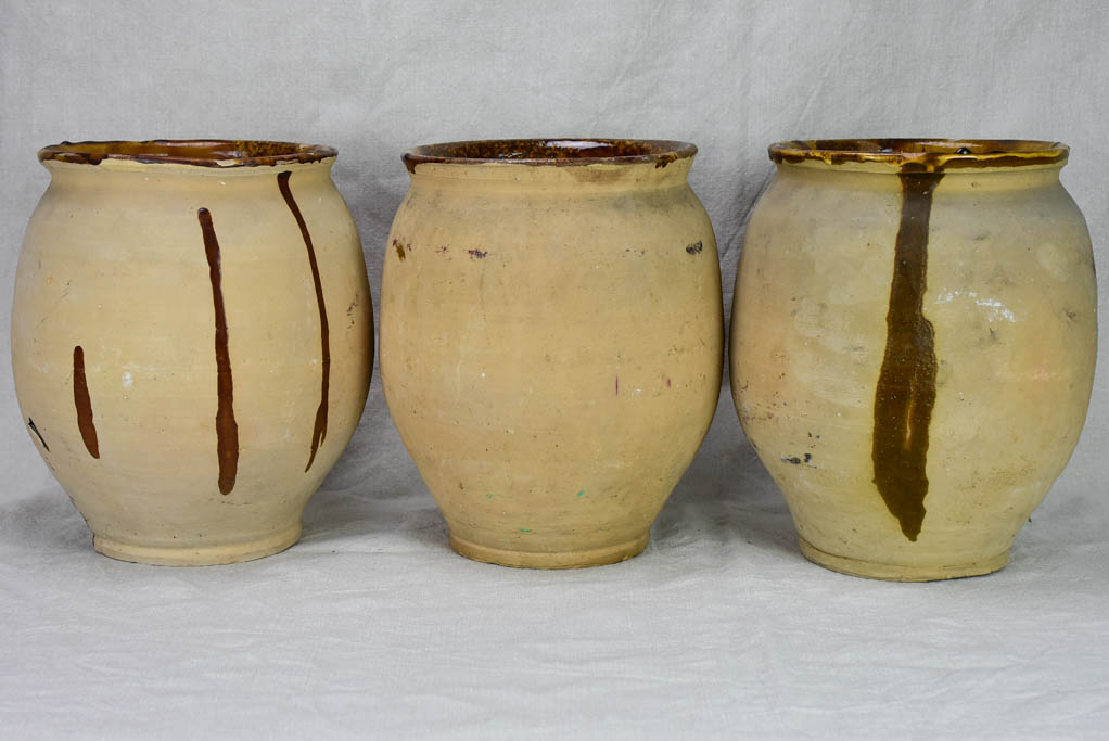 Three antique French confit pots with speckled glaze from Castelnaudary 11¾"