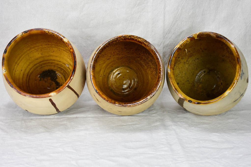 Three antique French confit pots with speckled glaze from Castelnaudary 11¾"