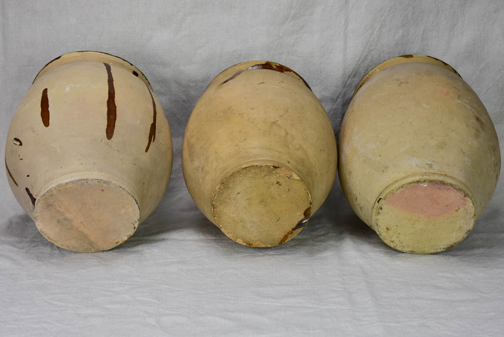 Three antique French confit pots with speckled glaze from Castelnaudary 11¾"