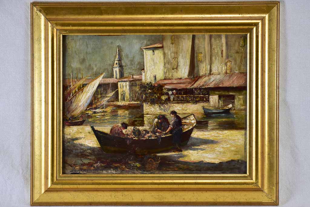 Mediterranean fishing scene signed - oil on wood - 1930's - 21¼" x 25¼"