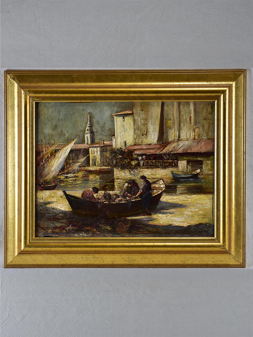 Mediterranean fishing scene signed - oil on wood - 1930's - 21¼" x 25¼"