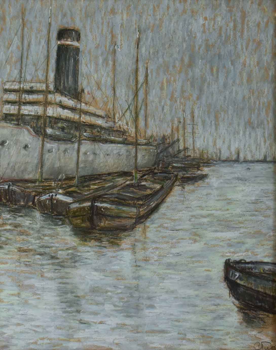 Sea port in Le Havre - pastel -signed by an unknown artist 23¾" x 28¼"