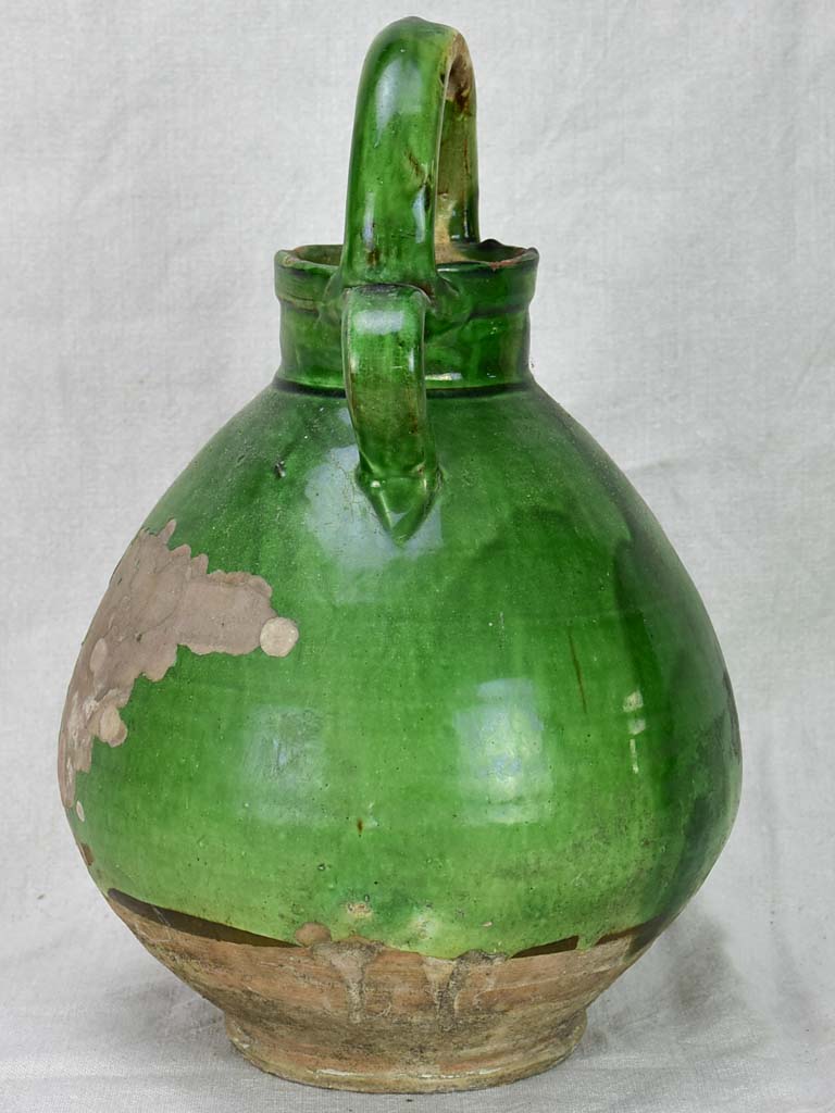 Antique French water cruche with green glaze 15¾"