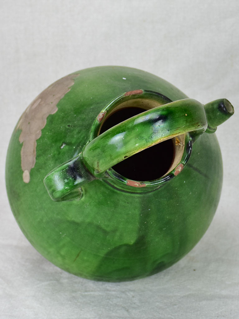 Antique French water cruche with green glaze 15¾"