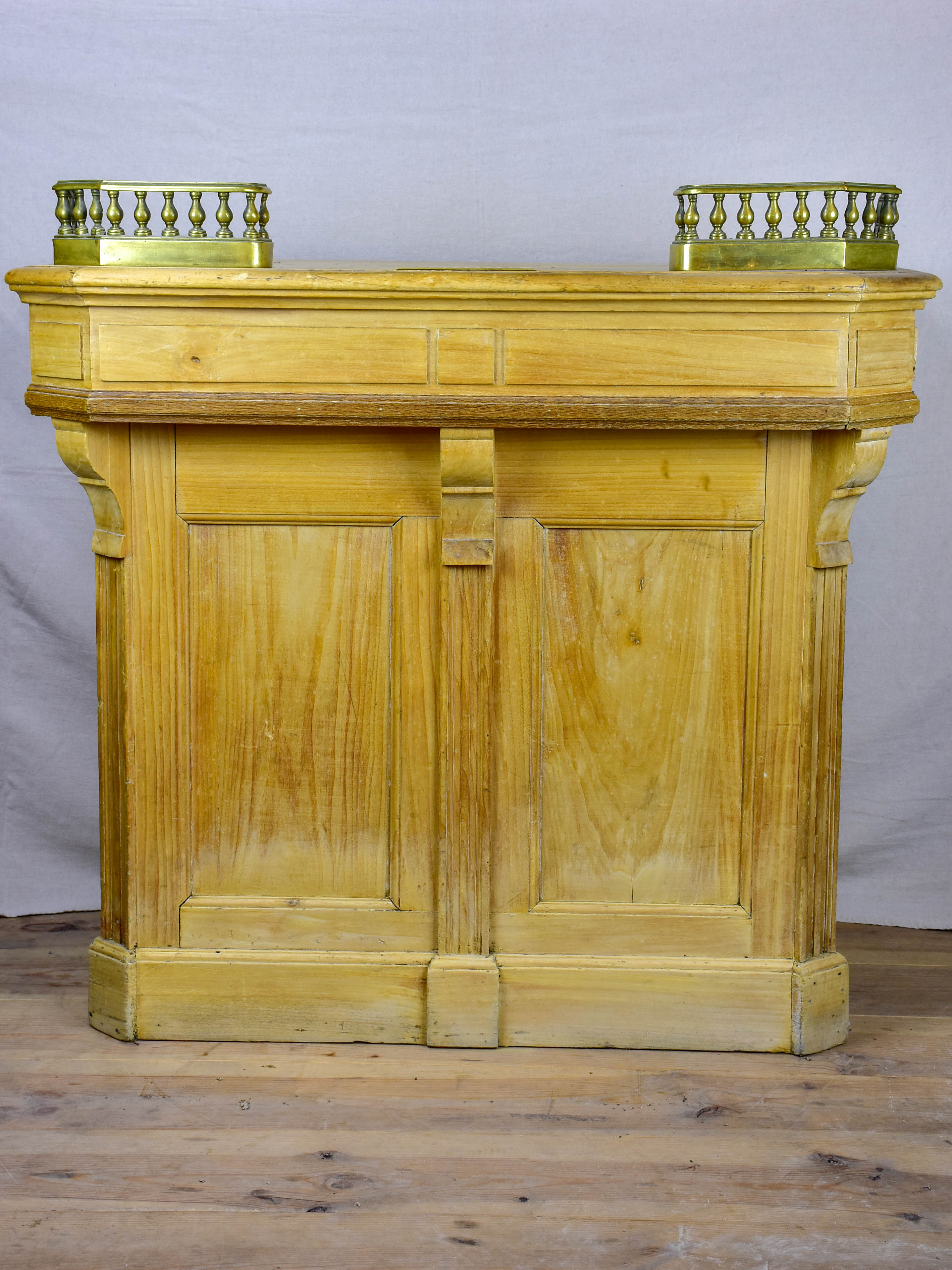 Antique French shop counter with gallery and coin tray