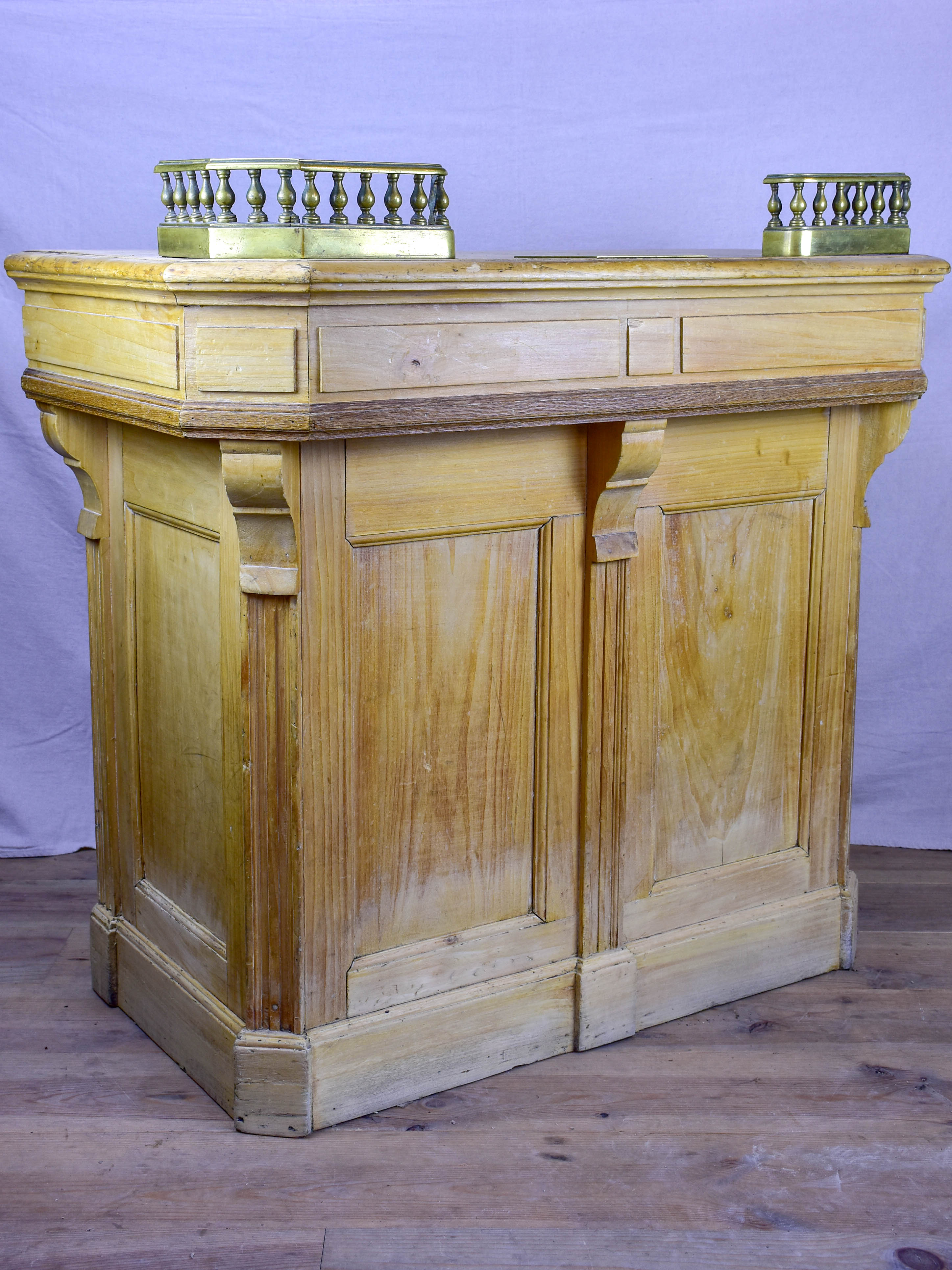 Antique French shop counter with gallery and coin tray