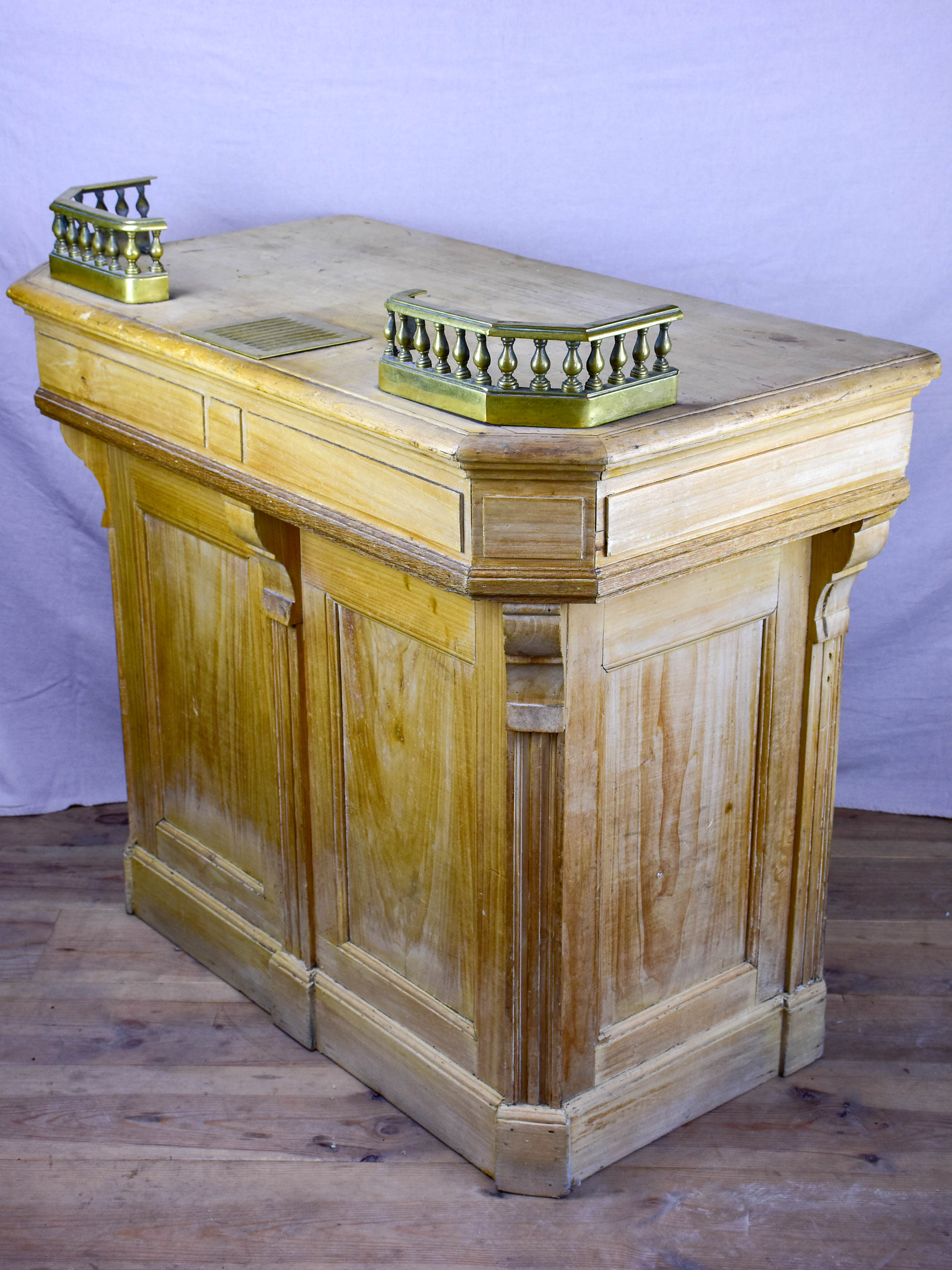 Antique French shop counter with gallery and coin tray