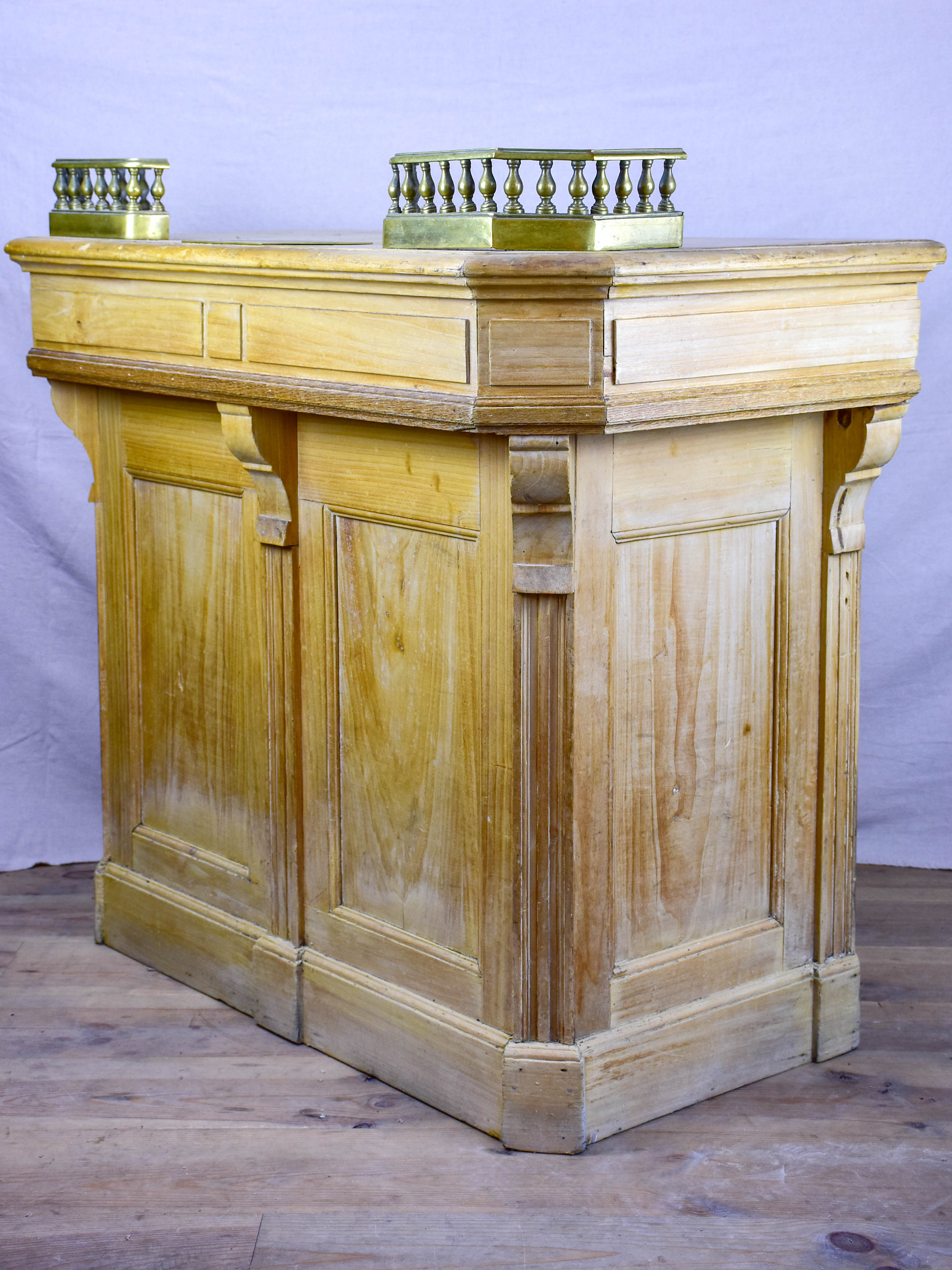 Antique French shop counter with gallery and coin tray