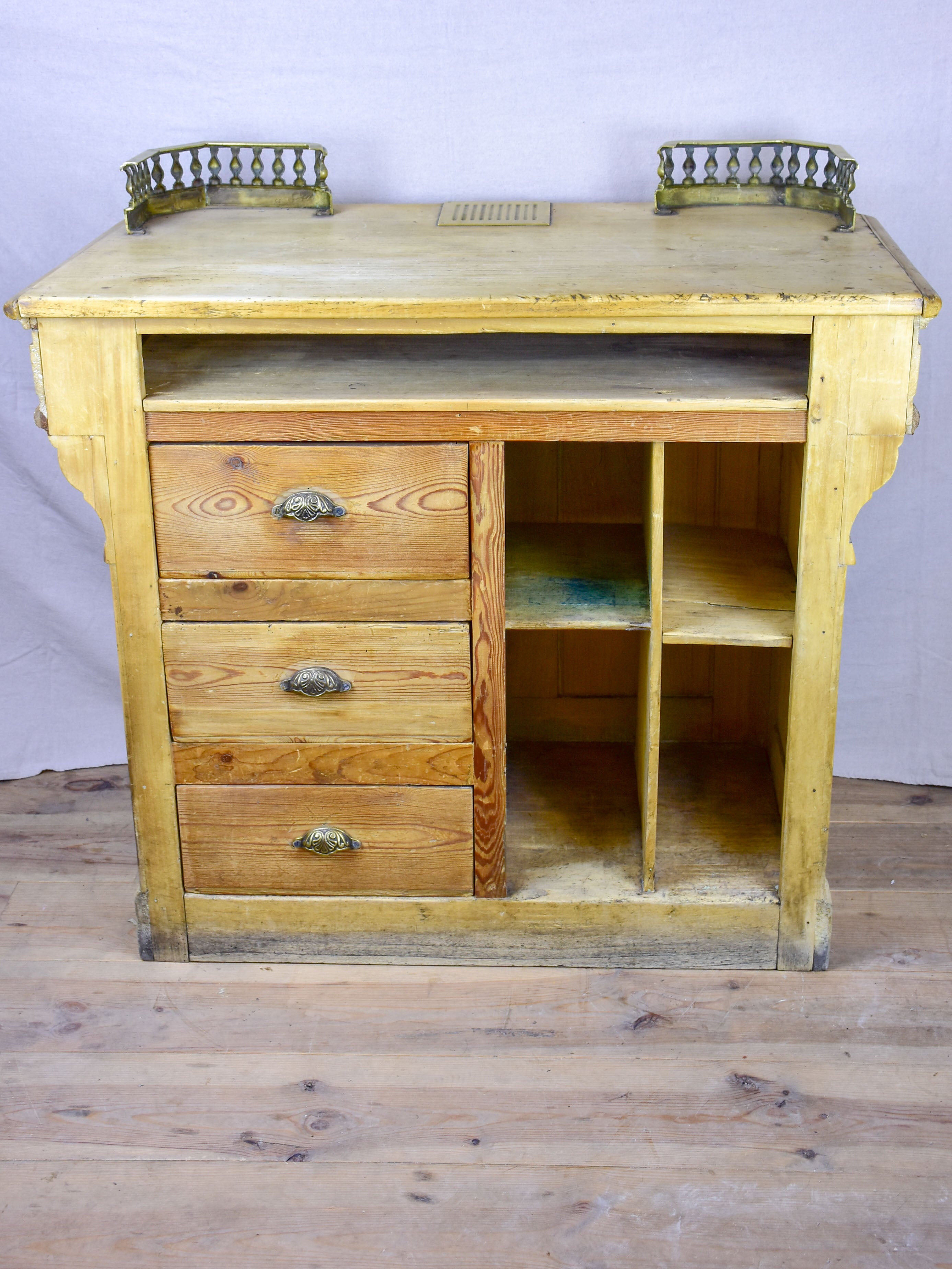 Antique French shop counter with gallery and coin tray