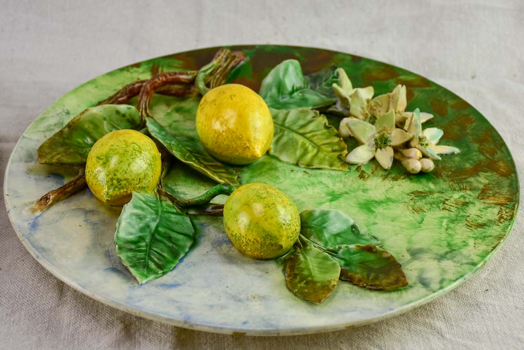 Two Barbotine plates decorated with lemons and oranges - Longchamp 19th Century 12½"