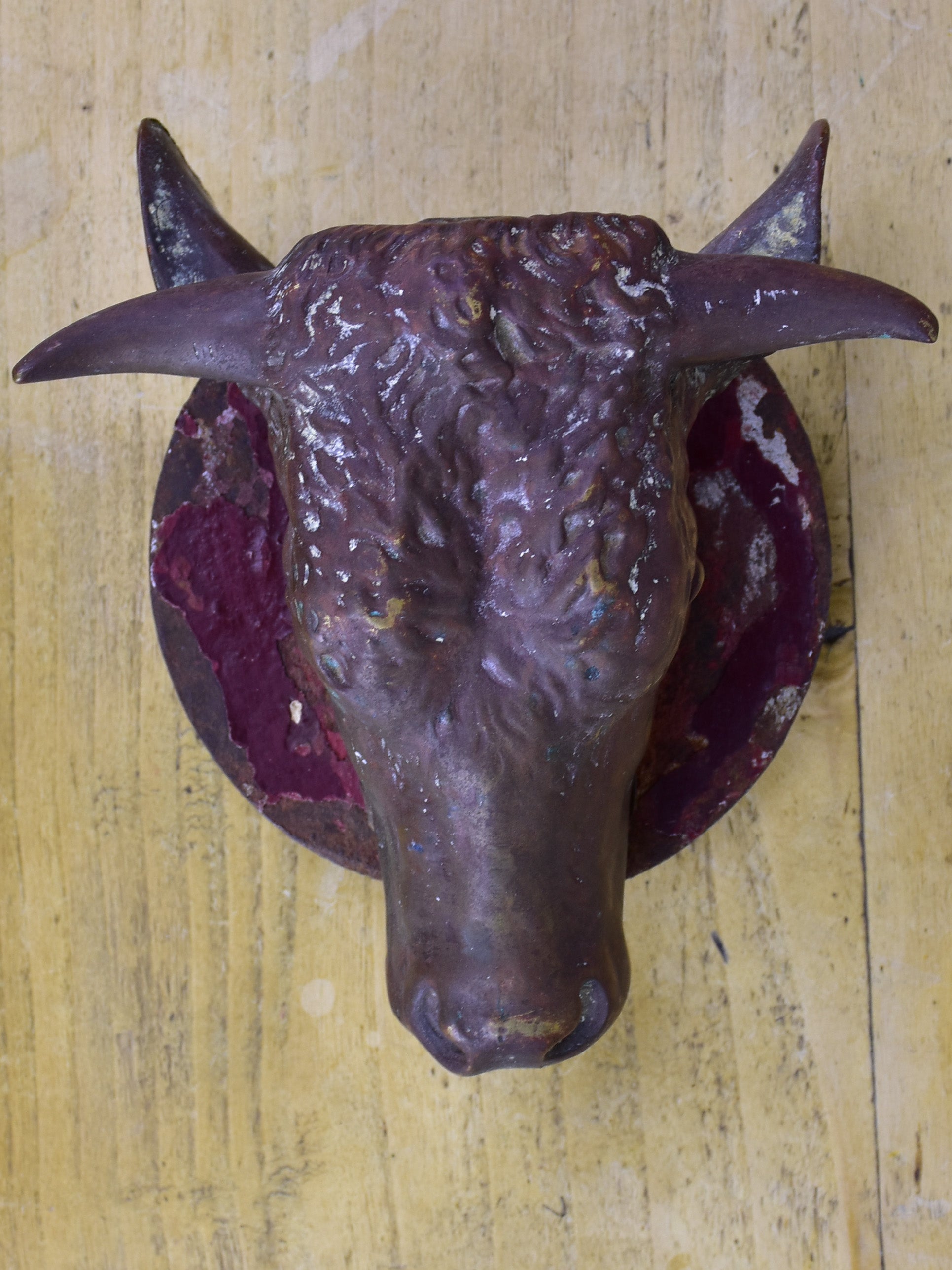 Antique French cow's head from a butcher's block