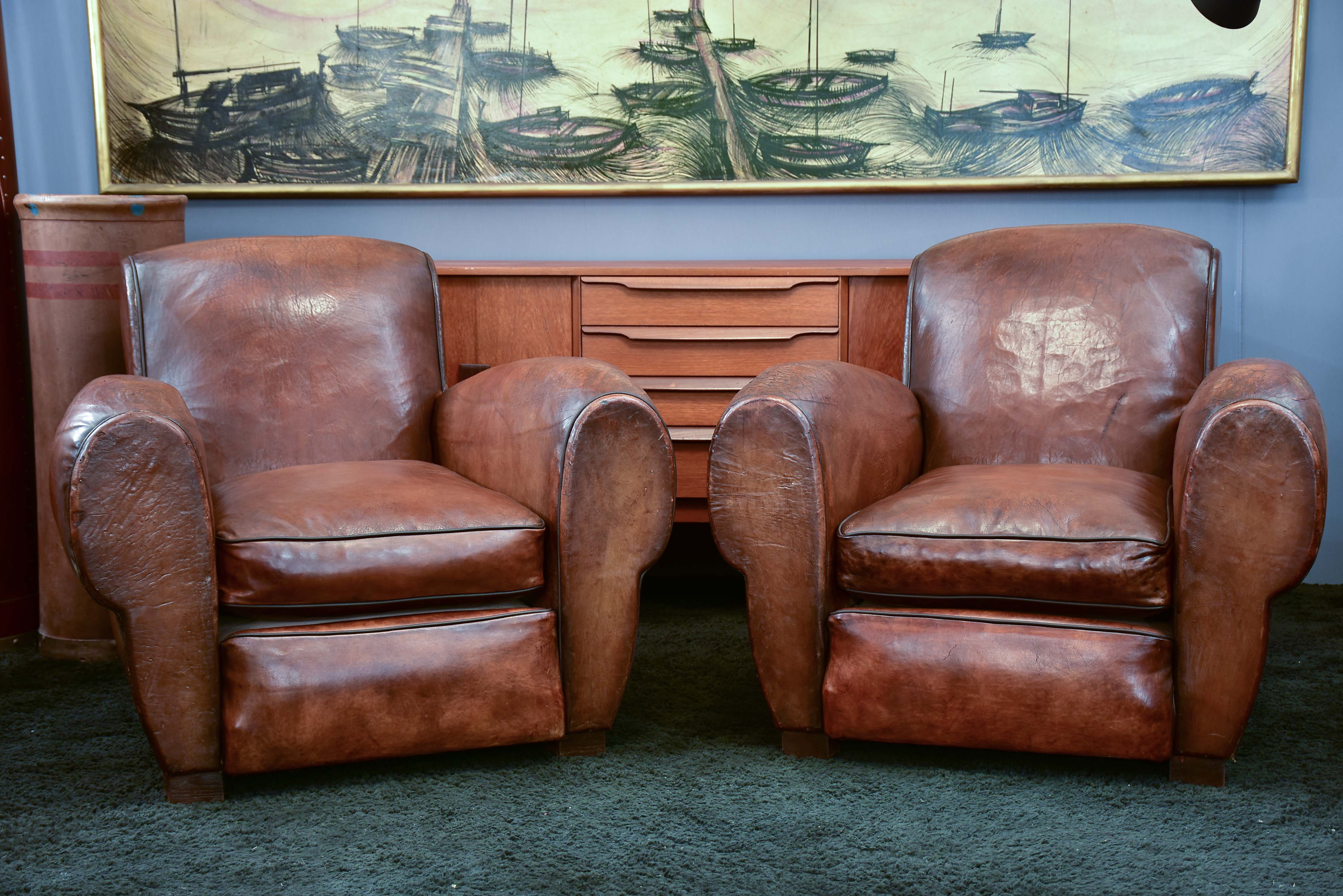 Three French leather club chairs