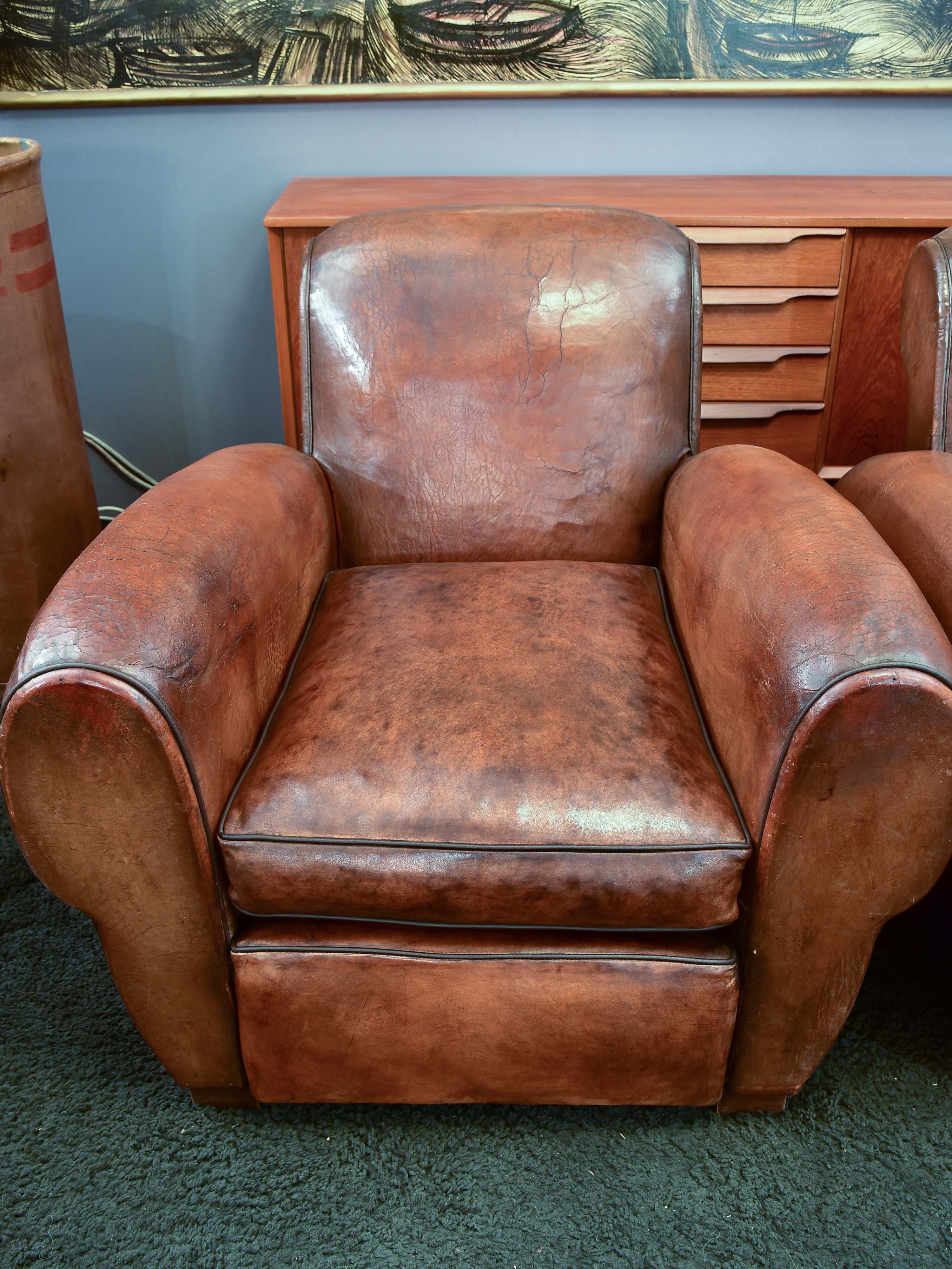 Three French leather club chairs