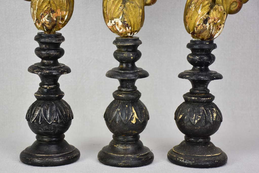 Collection of three salvaged gilt elements mounted on wooden supports 15¾"