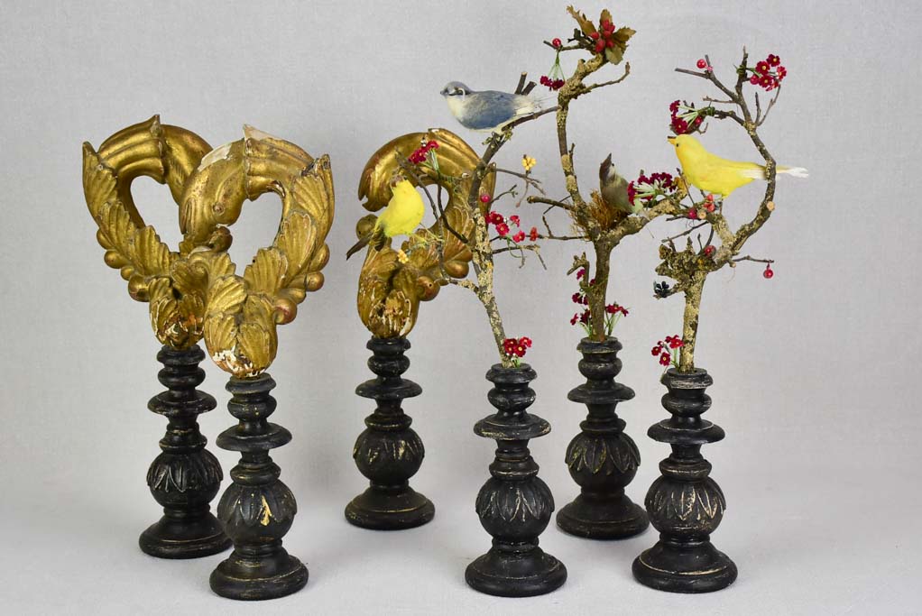 Collection of three artisan made birds on branches mounted on salvaged wooden supports 18"