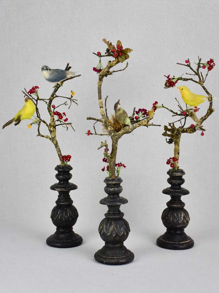 Collection of three artisan made birds on branches mounted on salvaged wooden supports 18"