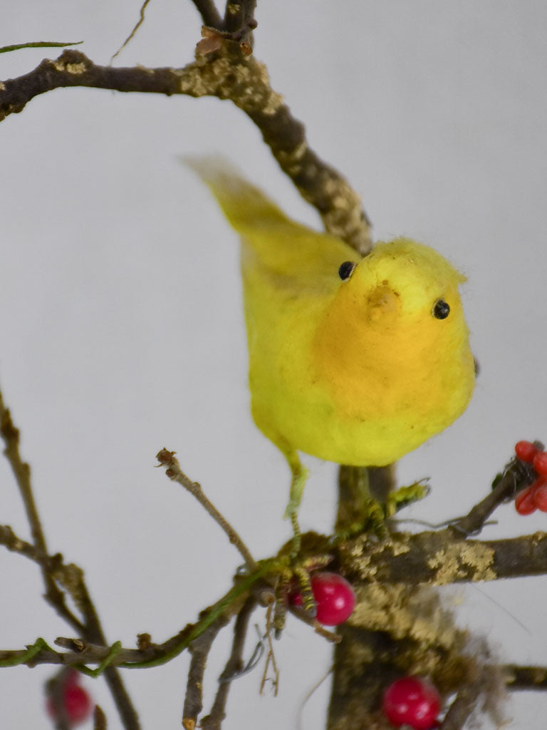 Collection of three artisan made birds on branches mounted on salvaged wooden supports 18"