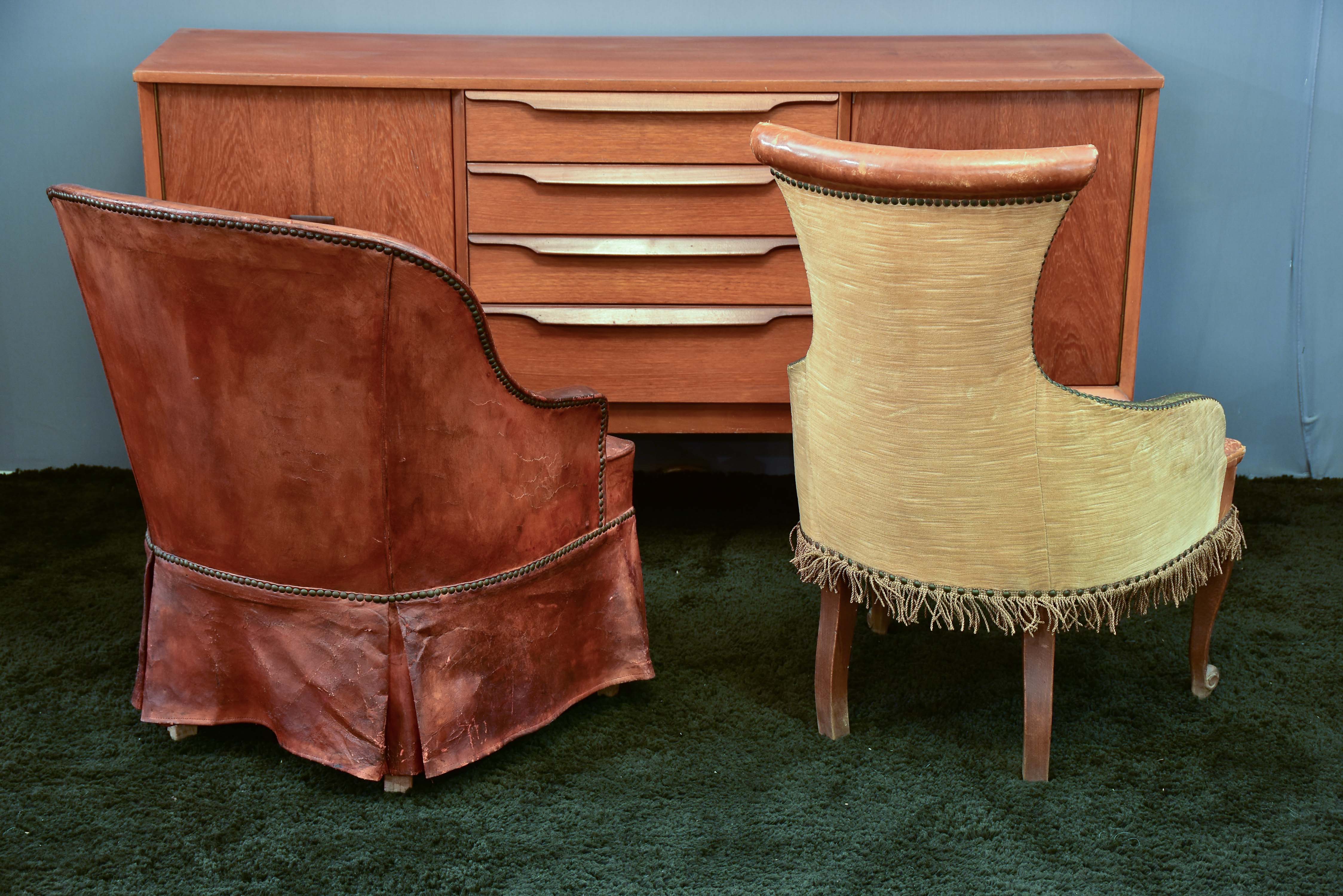 Two vintage slipper chairs - his and hers