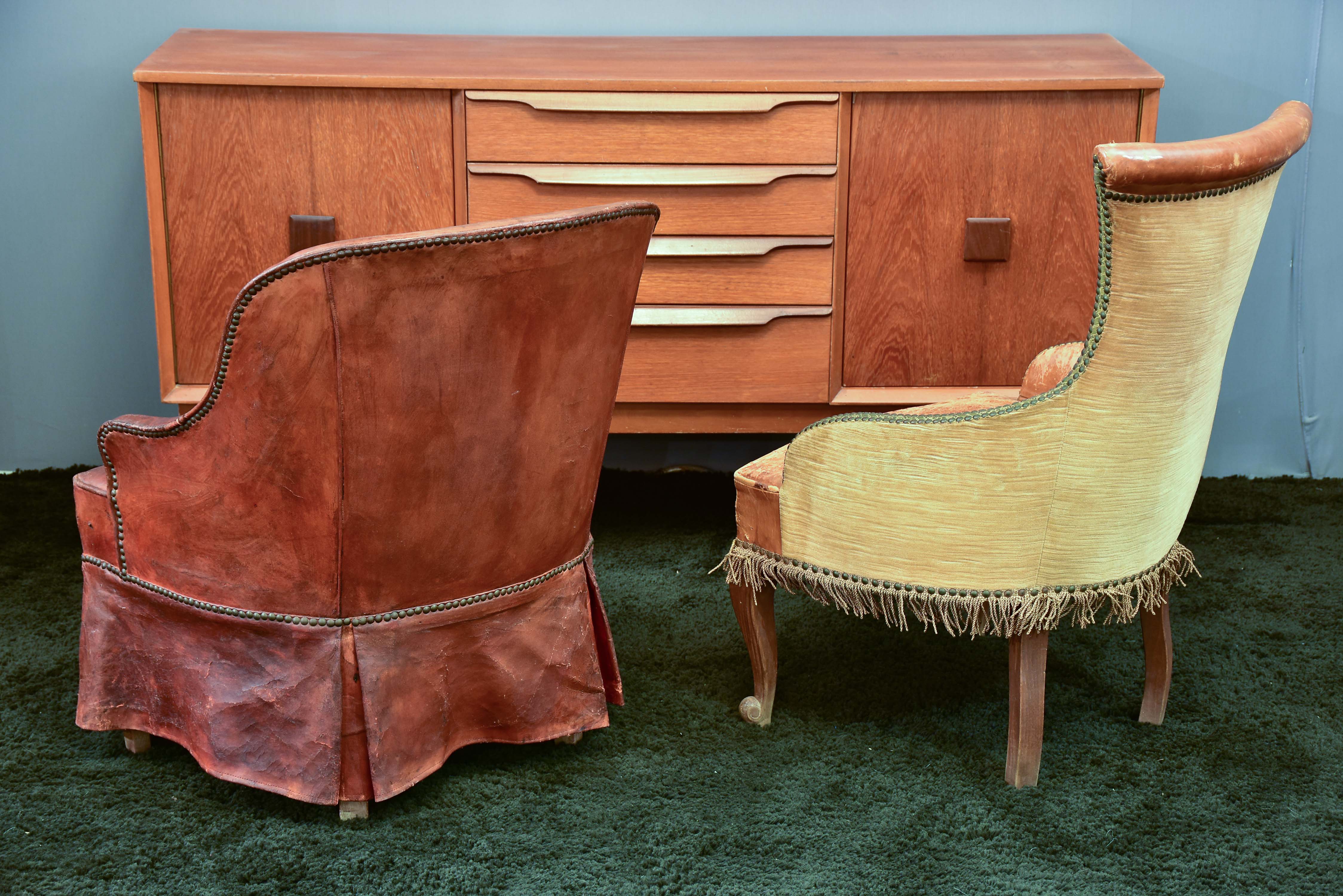 Two vintage slipper chairs - his and hers