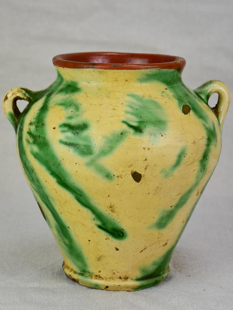 Antique confit pot - yellow and green 8"