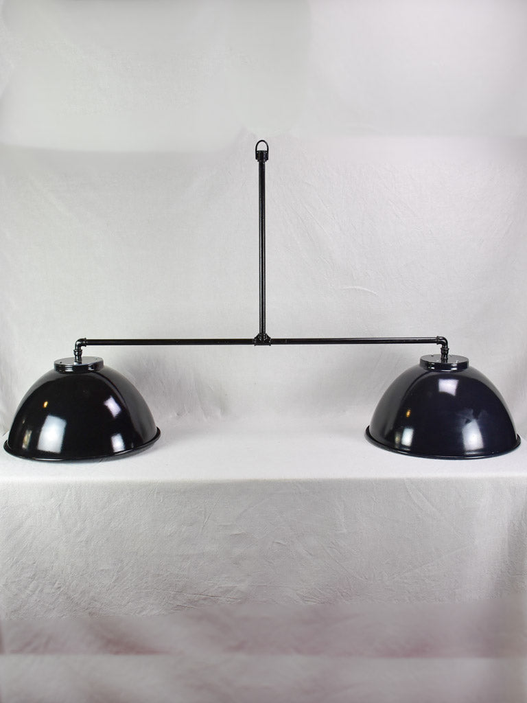 Very large double suspension light with black industrial enamel lampshades 69" x 39½"