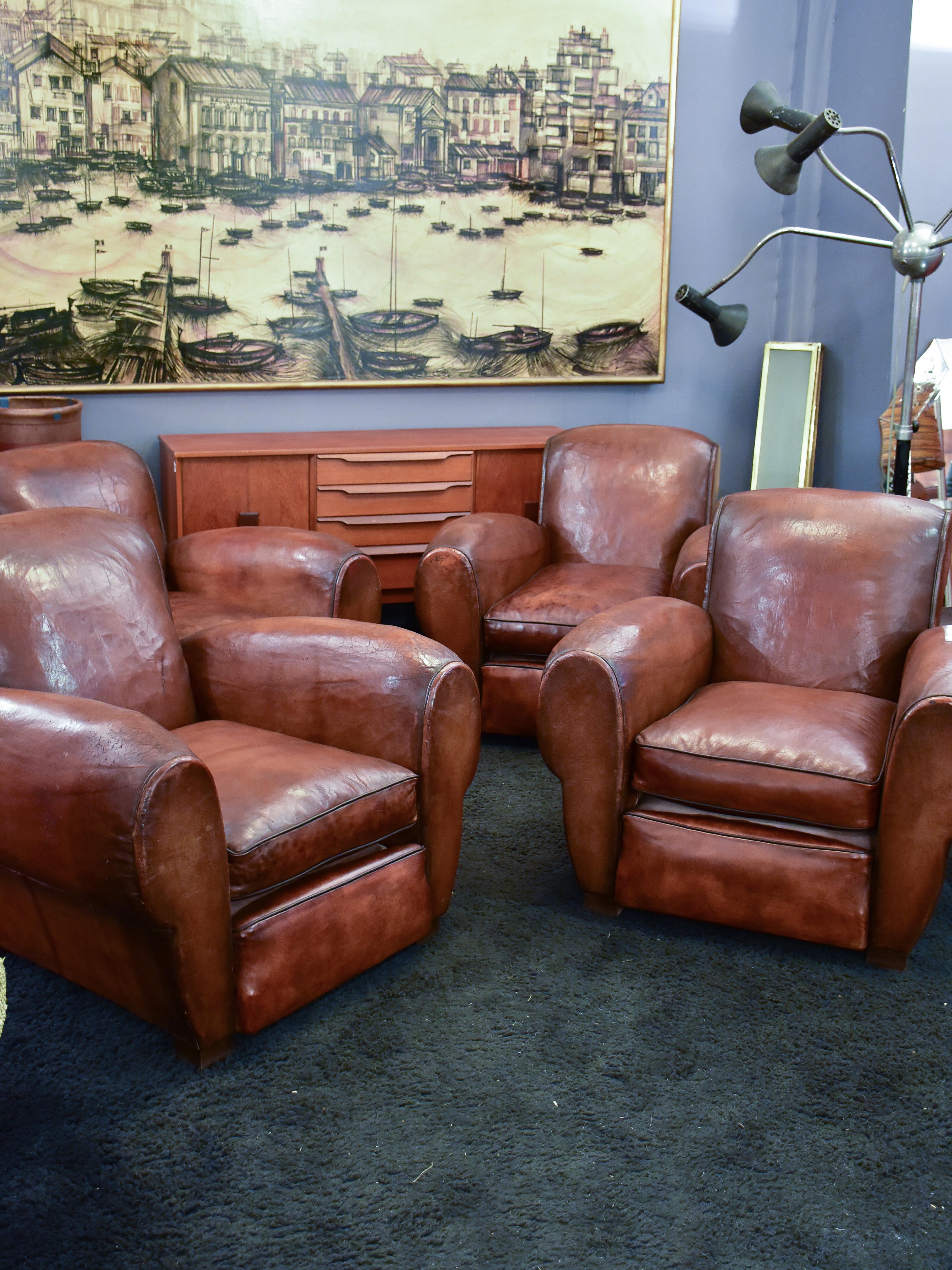 Three French leather club chairs