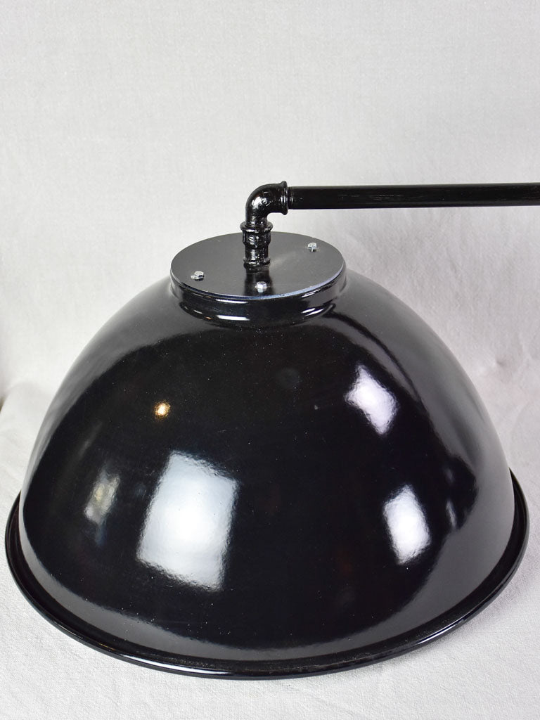 Very large double suspension light with black industrial enamel lampshades 69" x 39½"