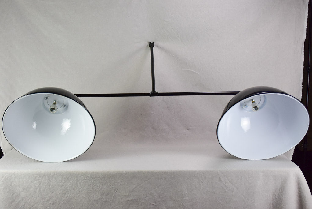 Very large double suspension light with black industrial enamel lampshades 69" x 39½"