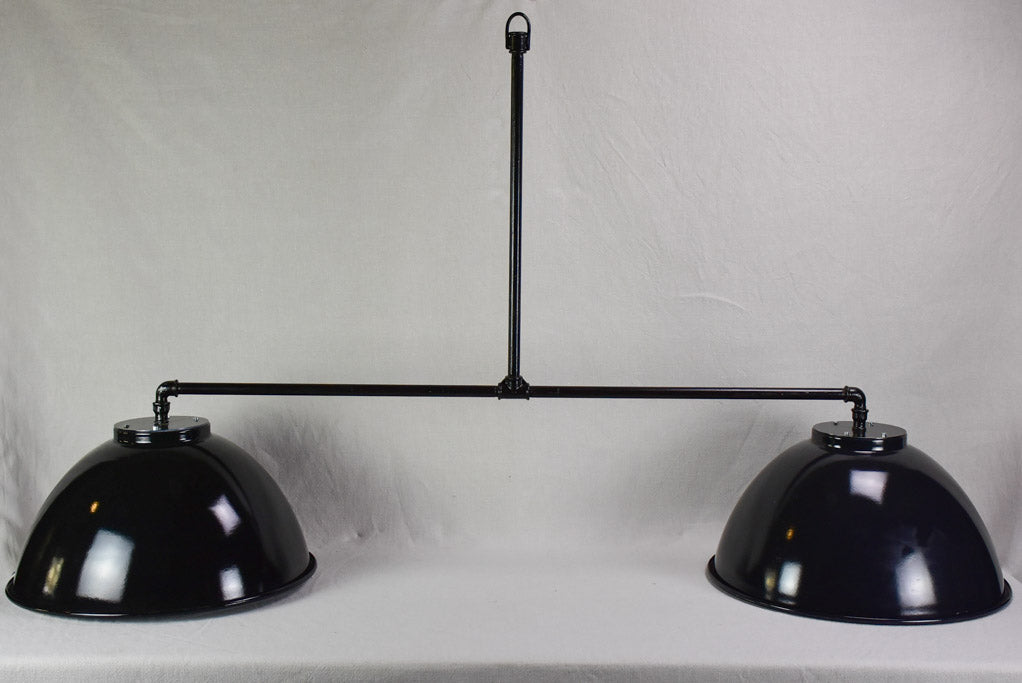 Very large double suspension light with black industrial enamel lampshades 69" x 39½"