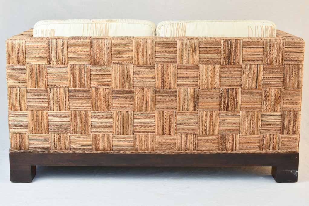 Vintage two seat sofa - woven straw frame with teak feet 55"