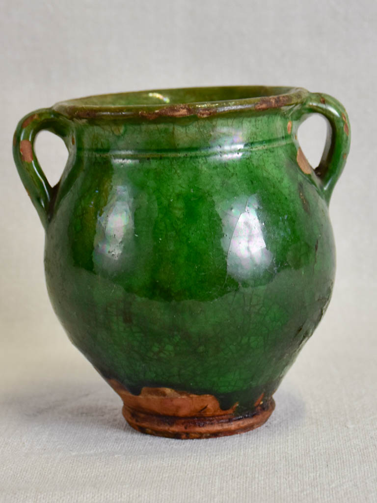 Very small antique French confit pot with dark green glaze 5½"