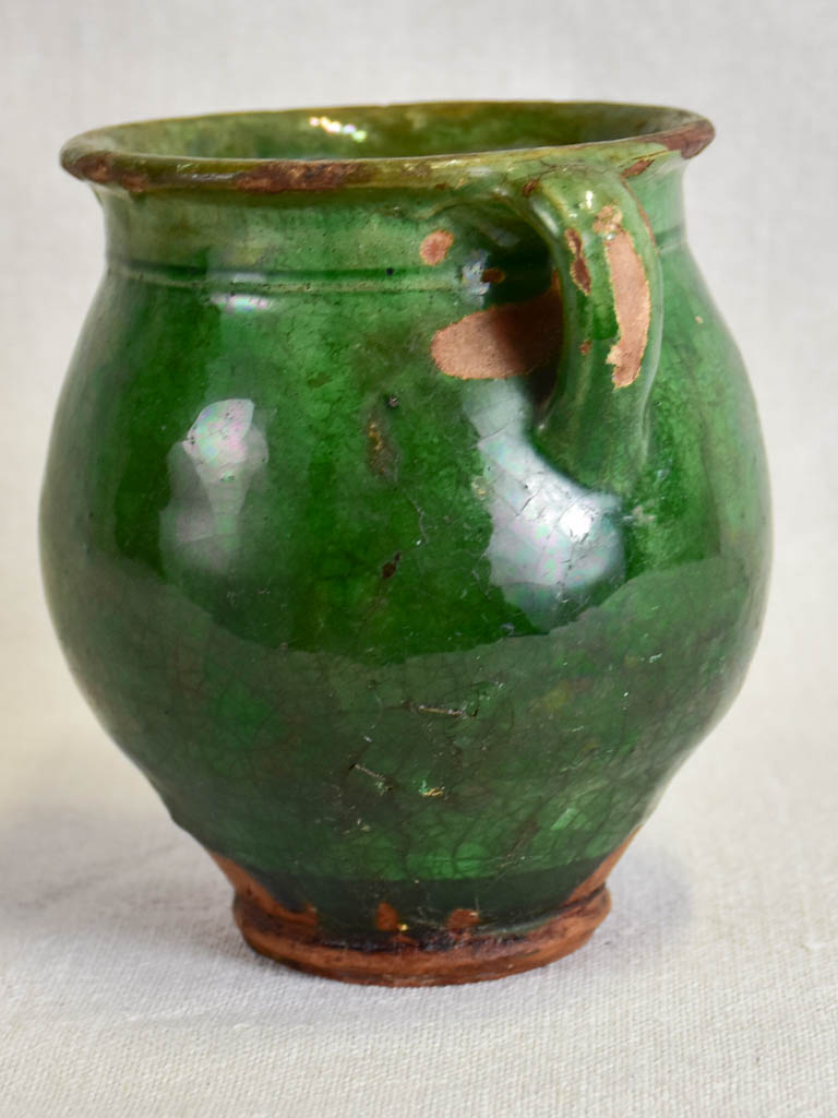 Very small antique French confit pot with dark green glaze 5½"