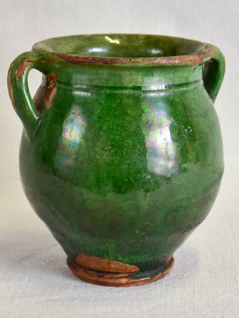 Very small antique French confit pot with dark green glaze 5½"