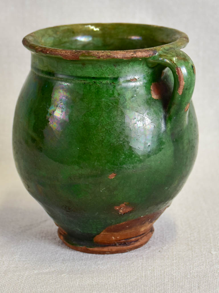 Very small antique French confit pot with dark green glaze 5½"