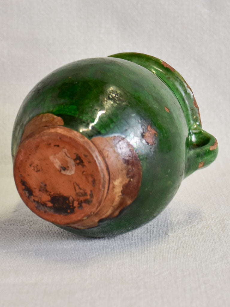 Very small antique French confit pot with dark green glaze 5½"