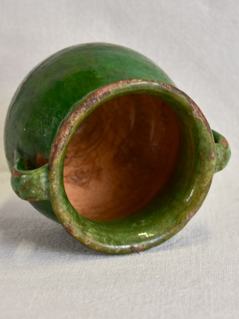 Very small antique French confit pot with dark green glaze 5½"