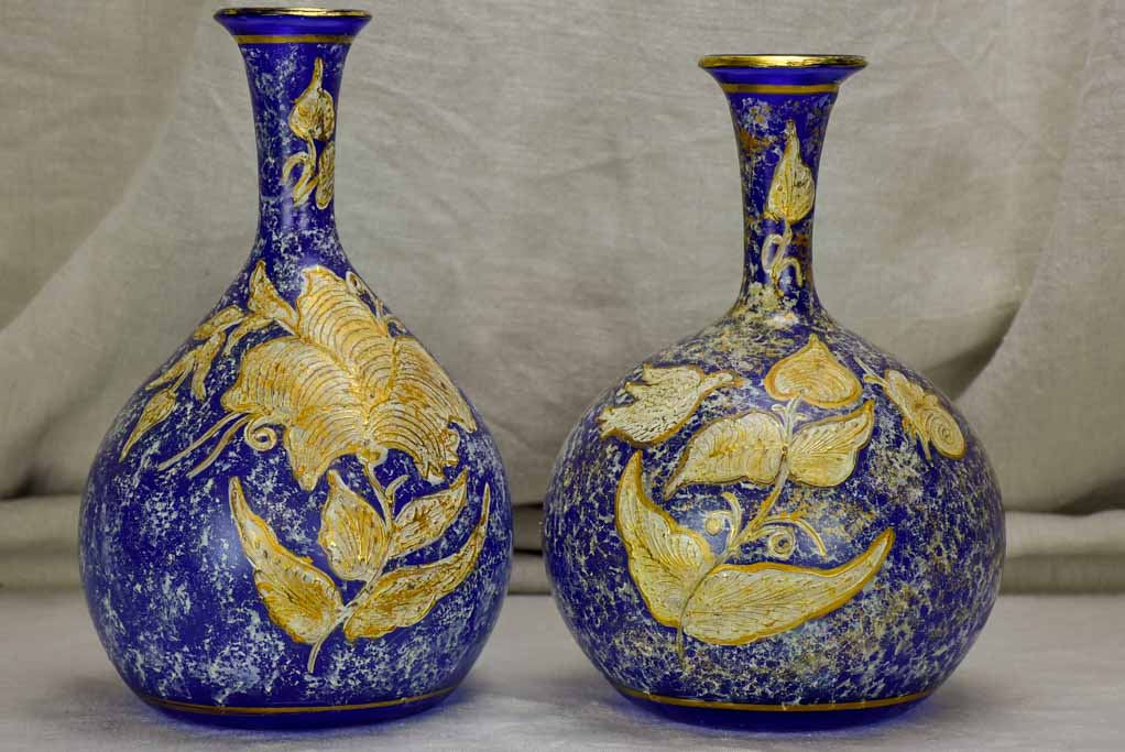 Pair of antique blown glass vases - blue and gold