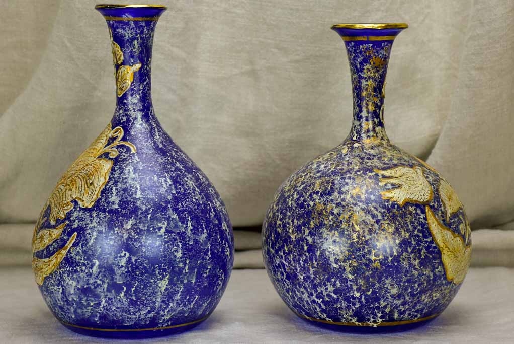 Pair of antique blown glass vases - blue and gold