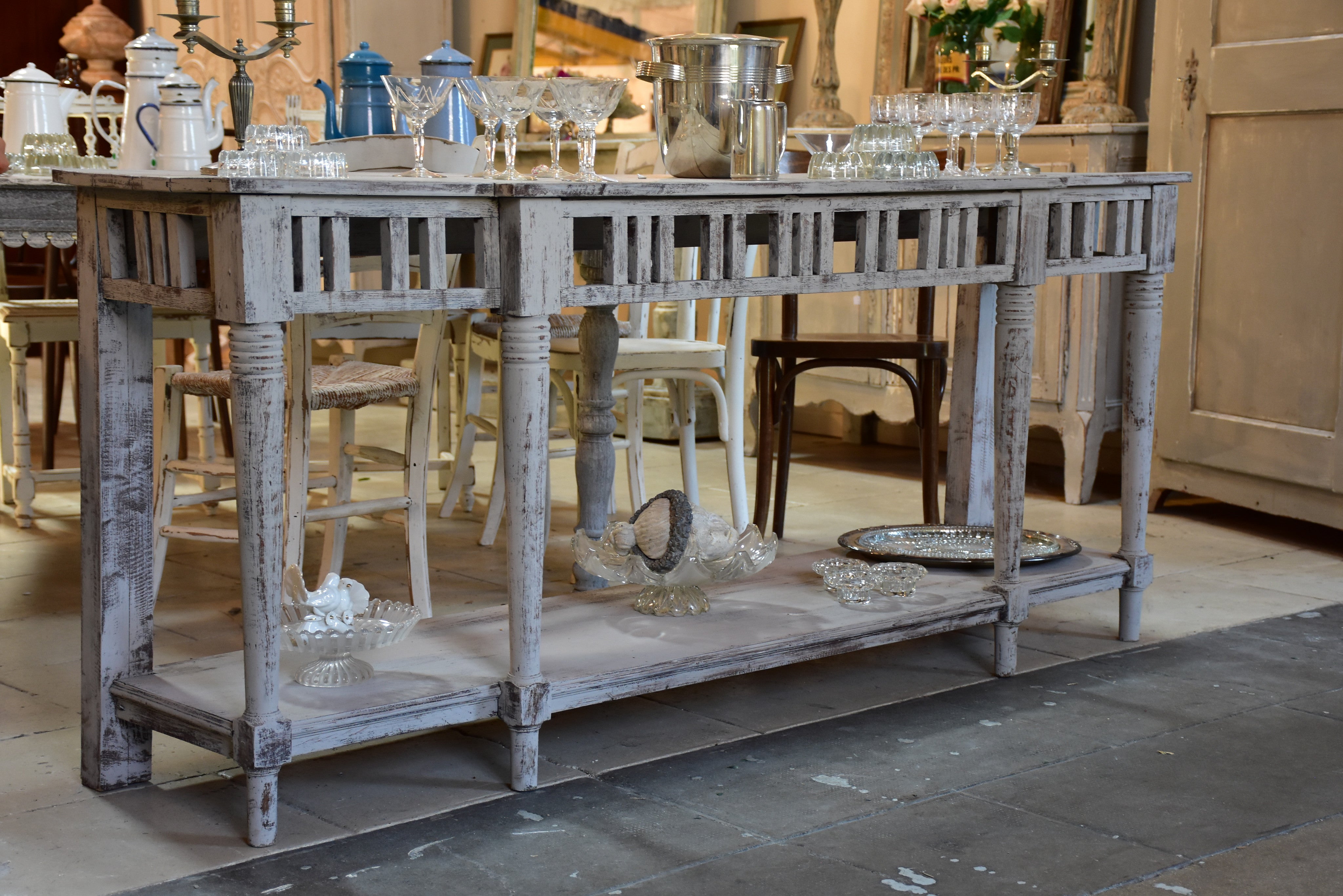 Vintage French kitchen console table with grey patina