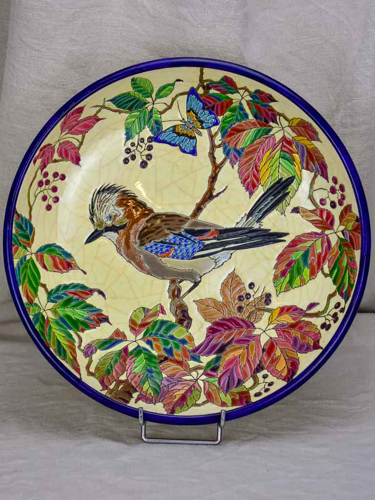 1930's French plate with bird and autumn foliage - Emaux de Longwy 15"