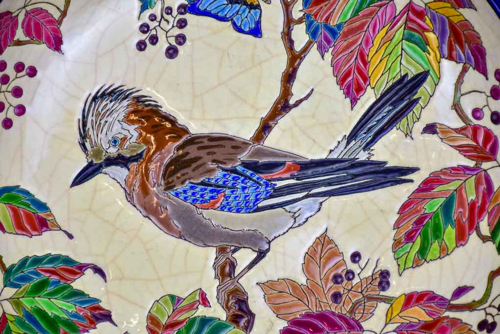 1930's French plate with bird and autumn foliage - Emaux de Longwy 15"