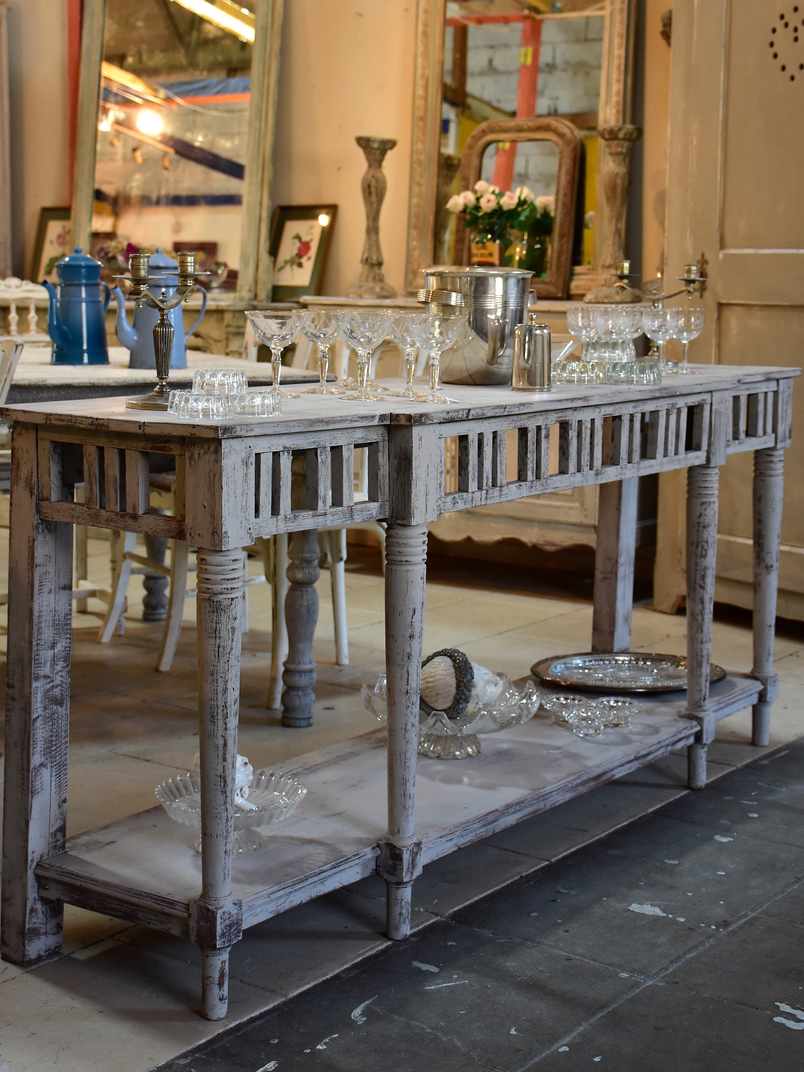 Vintage French kitchen console table with grey patina